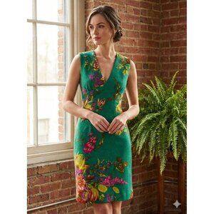 Vintage 90s Paul & Joe Green Wool Wiggle Dress Floral Print Pinup Retro Office M